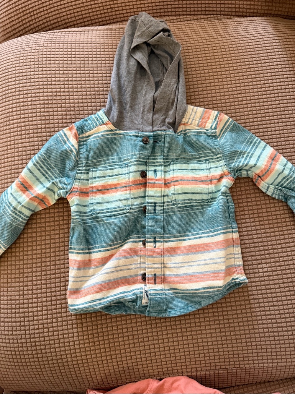 OshKosh B'gosh Striped Hooded Button-Up Jacket in Teal, Coral & Cream